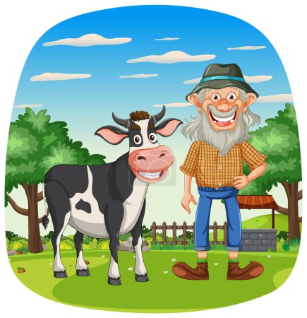 Cartoon of a smiling farmer standing with a cow.