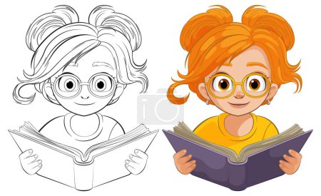 Téléchargez les illustrations : Cartoon girl avec des lunettes de lecture d'un livre - en licence libre de droit