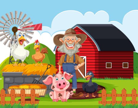 Illustration for Cartoon farmer with animals in front of barn - Royalty Free Image