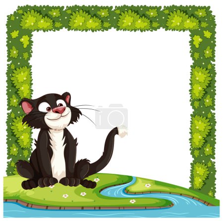 Illustration for A happy cat sitting inside a green leafy frame. - Royalty Free Image