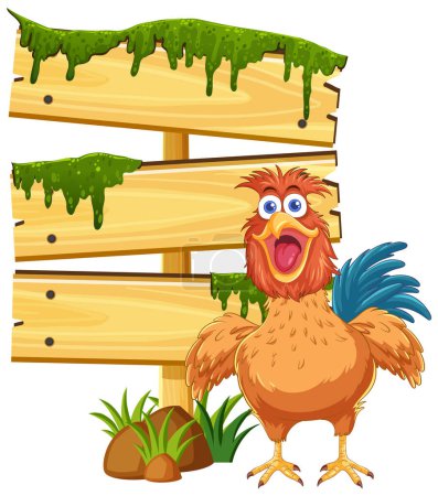 Illustration for Cartoon chicken standing by a mossy wooden sign. - Royalty Free Image