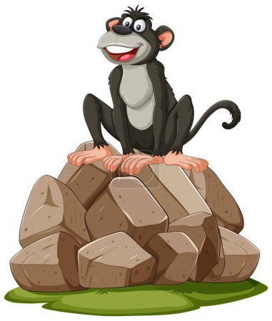 A happy monkey sitting atop a pile of rocks.