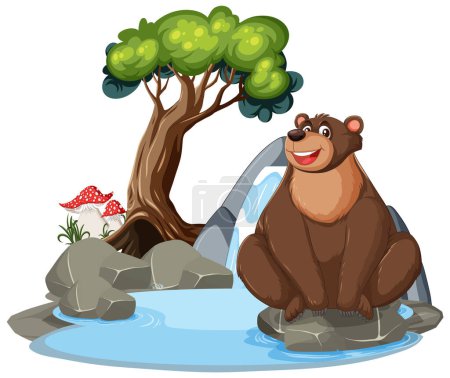 Ilustración de Un oso feliz sentado cerca de un árbol y una cascada - Imagen libre de derechos