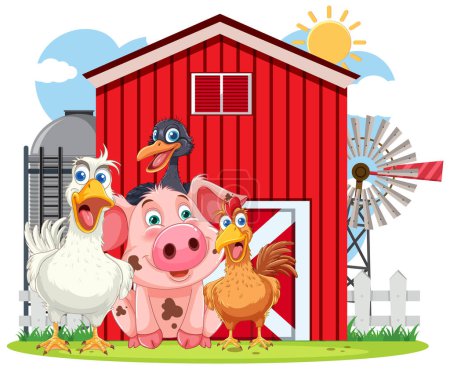Colorful farm animals in front of a red barn