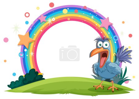 Illustration for Cartoon bird with wide eyes under a vibrant rainbow - Royalty Free Image