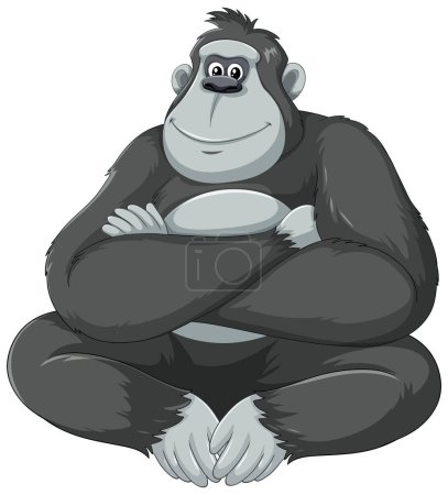 Téléchargez les illustrations : Un gorille souriant assis avec une assiette vide. - en licence libre de droit