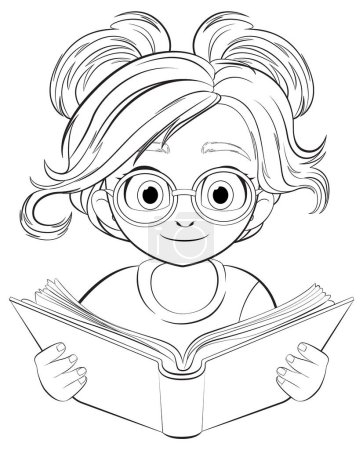 Ilustración de Una joven con gafas leyendo un libro atentamente. - Imagen libre de derechos
