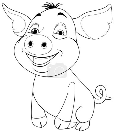 Téléchargez les illustrations : Un personnage de cochon heureux dans un style d'art linéaire simple - en licence libre de droit