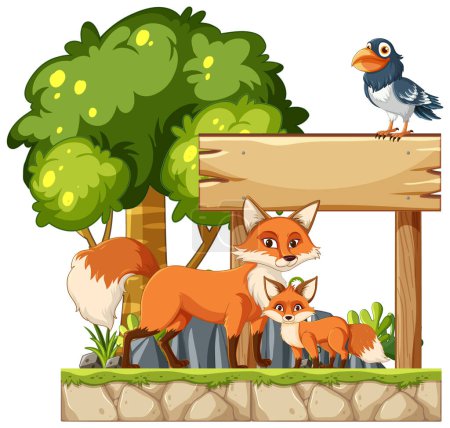 Téléchargez les illustrations : Illustration de renards et d'oiseaux près d'un panneau en bois - en licence libre de droit