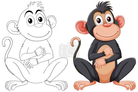 Illustration for Two monkeys, one colored and one line art. - Royalty Free Image