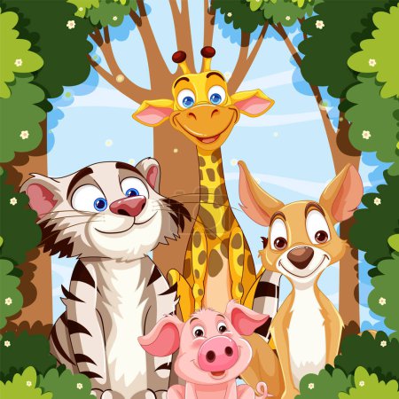 Ilustración de Animales de dibujos animados sonriendo juntos en el bosque - Imagen libre de derechos