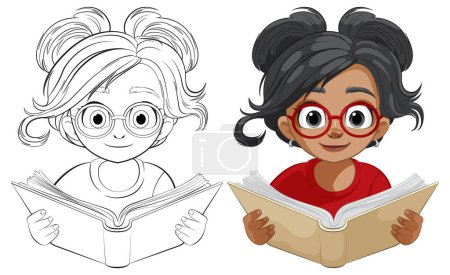 Téléchargez les illustrations : Deux enfants de bande dessinée absorbés dans la lecture de livres colorés. - en licence libre de droit