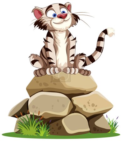 Téléchargez les illustrations : Heureux chat dessin animé perché au sommet d'un tas de pierre - en licence libre de droit