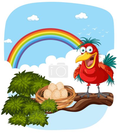 Téléchargez les illustrations : Oiseau coloré à côté du nid avec des œufs, fond arc-en-ciel - en licence libre de droit