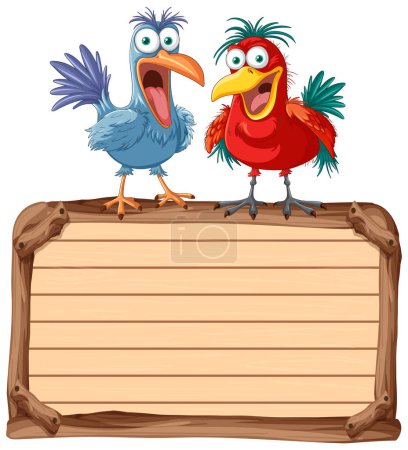 Téléchargez les illustrations : Deux oiseaux de dessin animé perchés sur un panneau vierge - en licence libre de droit