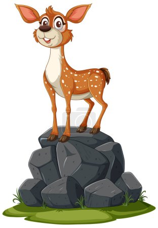 Illustration for A happy cartoon deer standing atop a pile of rocks. - Royalty Free Image