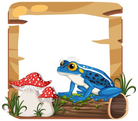 Téléchargez les illustrations : Une grenouille vibrante assise à côté des champignons rouges. - en licence libre de droit