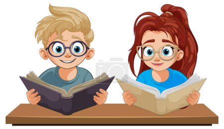 Two cartoon kids reading books at a table