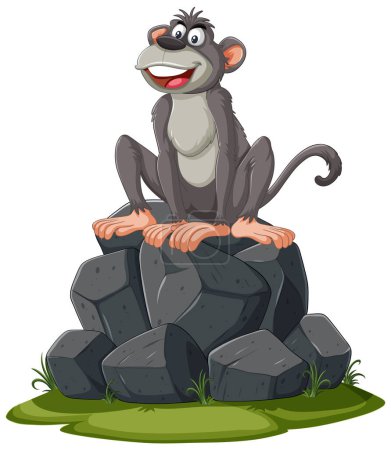 Téléchargez les illustrations : Un singe heureux assis sur un tas de pierres - en licence libre de droit