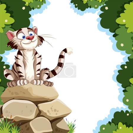 A happy cartoon cat sitting on rocks surrounded by foliage.