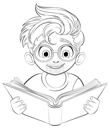 Téléchargez les illustrations : Un jeune garçon avec des lunettes lisant un livre attentivement - en licence libre de droit