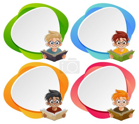 Téléchargez les illustrations : Quatre enfants lisent à l'intérieur de bulles d'expression colorées - en licence libre de droit