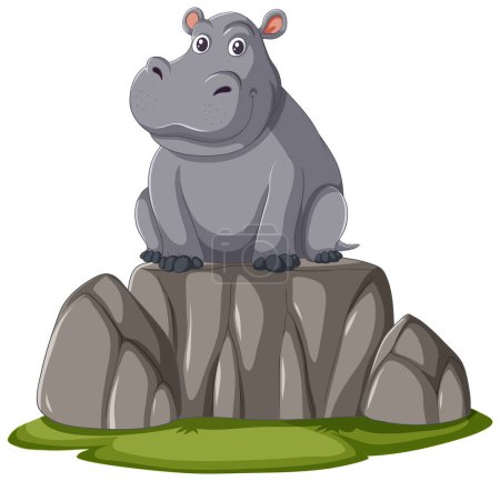 Illustration for A cheerful cartoon hippopotamus sitting on rocks. - Royalty Free Image