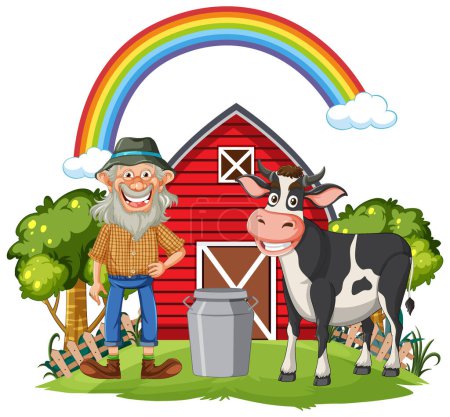 Téléchargez les illustrations : Fermier joyeux debout à côté d'une vache et d'une grange. - en licence libre de droit