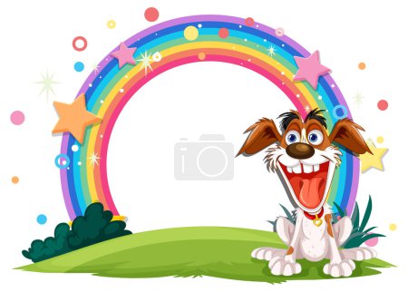 Téléchargez les illustrations : Joyeux chien de dessin animé assis sous un arc-en-ciel vibrant - en licence libre de droit