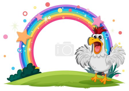 Téléchargez les illustrations : Un poulet heureux debout sous un arc-en-ciel coloré - en licence libre de droit