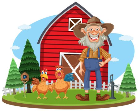 Fröhlicher Bauer steht mit Hühnern neben rotem Stall