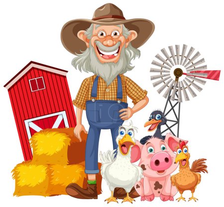 Téléchargez les illustrations : Fermier heureux debout avec divers animaux de ferme - en licence libre de droit