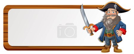 Illustration for Cartoon pirate holding a sword beside a sign - Royalty Free Image