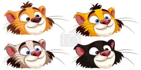 Téléchargez les illustrations : Quatre visages de chat de bande dessinée montrant diverses émotions. - en licence libre de droit