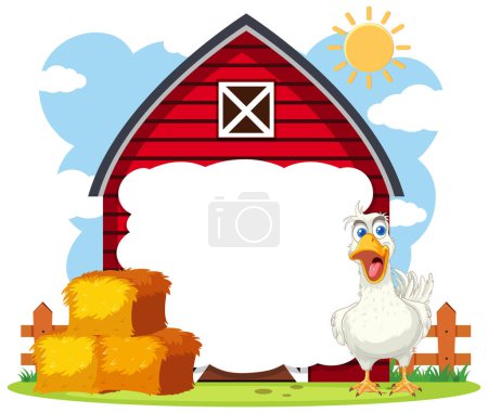 Illustration for Cartoon chicken in front of a red barn - Royalty Free Image