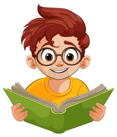 Cartoon child reading with interest and joy