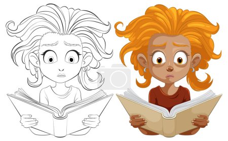 Illustration for Two illustrations of a child reading with a shocked expression. - Royalty Free Image