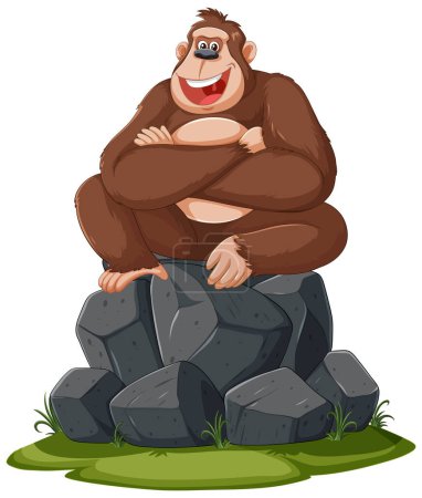 Téléchargez les illustrations : Un gorille de dessin animé heureux assis sur des blocs de pierre. - en licence libre de droit