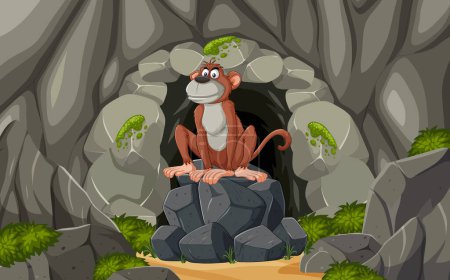 Ilustración de Mono de dibujos animados sentado en la entrada de una cueva de piedra - Imagen libre de derechos
