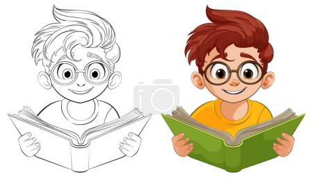 Téléchargez les illustrations : Deux enfants de bande dessinée lisant volontiers des livres colorés. - en licence libre de droit