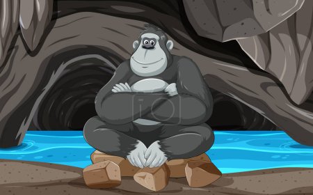 Smiling gorilla sitting by a serene blue river