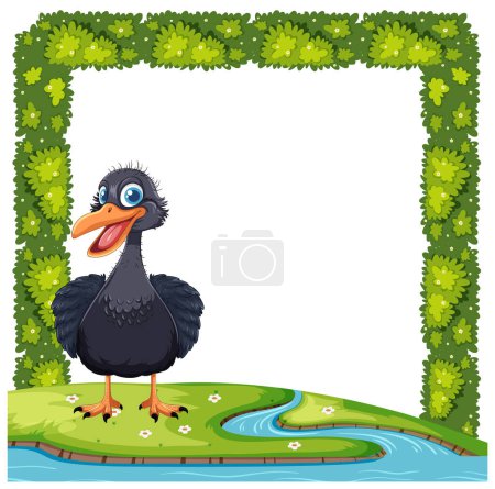 Cheerful bird surrounded by lush greenery and water
