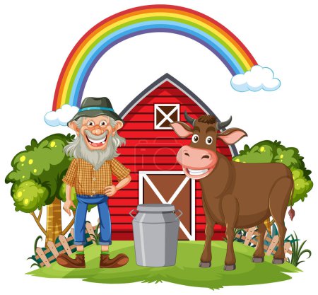 Téléchargez les illustrations : Fermier joyeux debout à côté d'une vache brune. - en licence libre de droit