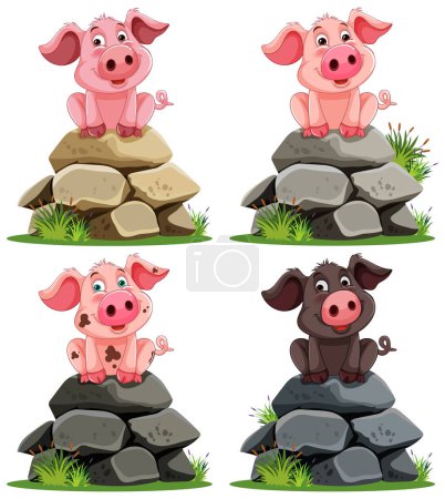 Ilustración vectorial colorida de cerdos alegres sobre piedras