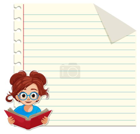 Cartoon girl reading a book on lined paper