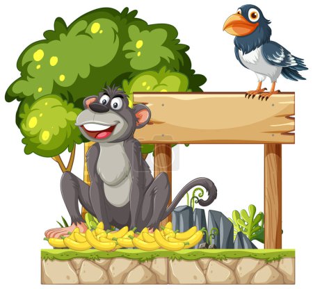 Ilustración de Mono alegre con pájaro sentado en un letrero de madera. - Imagen libre de derechos