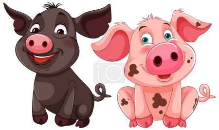 Téléchargez les illustrations : Deux cochons heureux illustrés dans des couleurs vives - en licence libre de droit