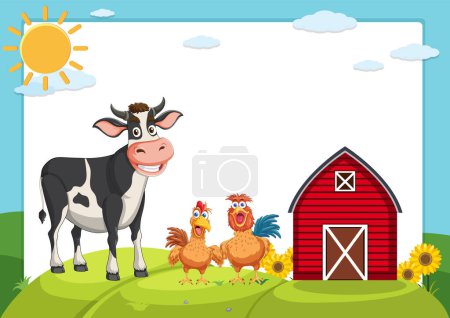 Vaca de dibujos animados y pollos cerca de un granero rojo.