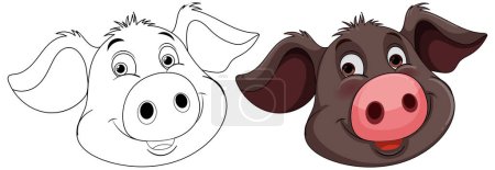 Téléchargez les illustrations : Coloré et esquissé cochons dessin animé souriant. - en licence libre de droit