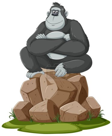 Illustration for A happy gorilla sits atop a pile of stones. - Royalty Free Image
